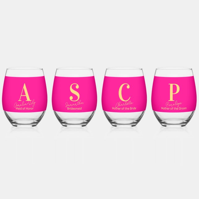 Personalized Modern Monogram Bridal Party Matching Stemless Wine Glass (Front)