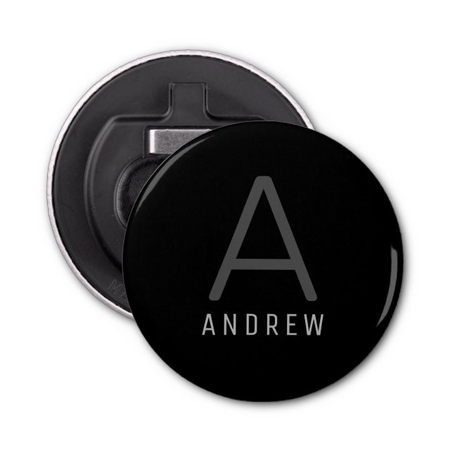 Personalized Modern Monogram Grey Black Magnetic Bottle Opener (Front)