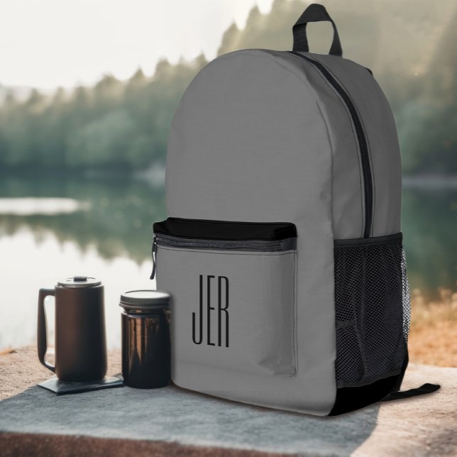 Personalized Modern Monogram Initials Grey Black Printed Backpack (Personalized Modern Monogrammed Initials Gray Black Printed Backpack)