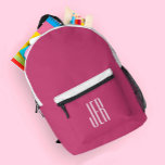 Personalized Modern Monogram Initials Pink White Printed Backpack<br><div class="desc">Carry your gear in style with this custom classic backpack! This design features a trendy hot pink background with black & white details. The front pocket design elements include a template for three personalized letter monogrammed initials in white on a trendy pink background. The top of the pocket and the...</div>