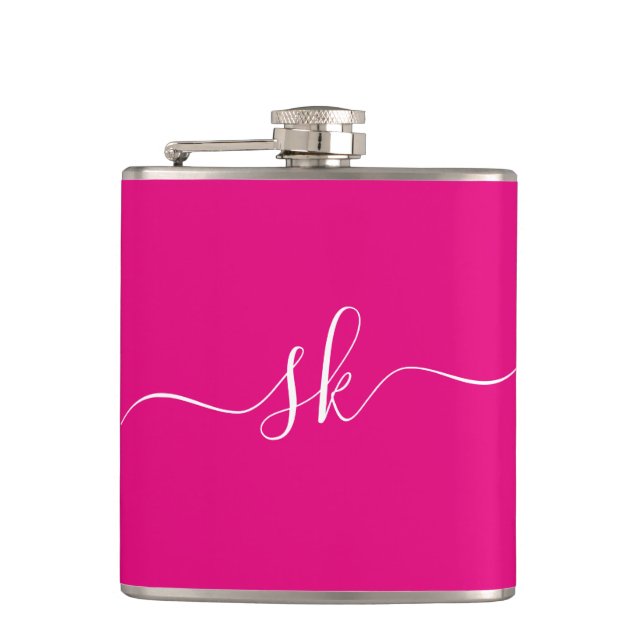 Personalized Modern Monogram Pink Bachelorette Hip Flask (Front)