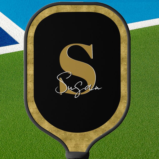 Personalized Modern Monogram Script Name  Pickleball Paddle (Pickleball paddle that is elegant and stylish. Gold and black monogrammed design. )