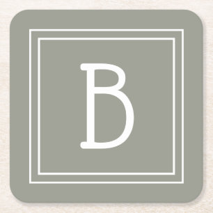 Personalized Modern Monogrammed Sage Green & White Square Paper Coaster