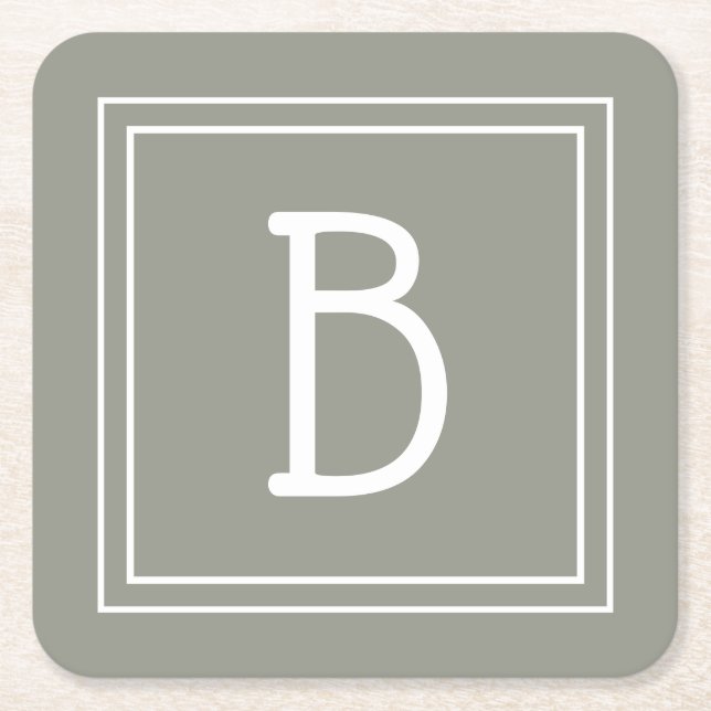 Personalized Modern Monogrammed Sage Green & White Square Paper Coaster (Front)