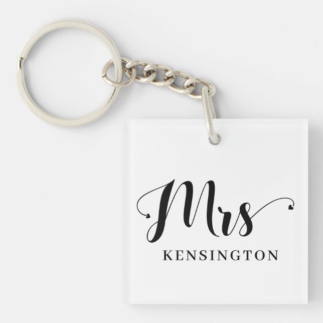 Personalized Modern Mrs Newlywed Typography Photo Keychain (Front)