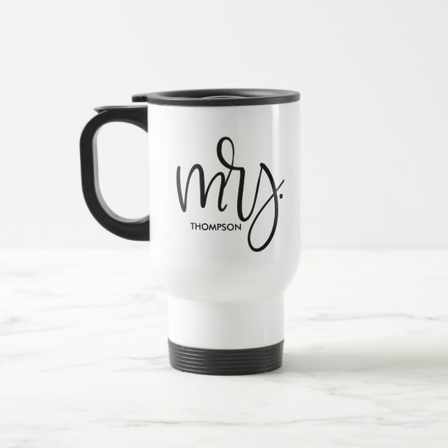 Personalized Modern Mrs. Script Wedding Travel Mug (Left)