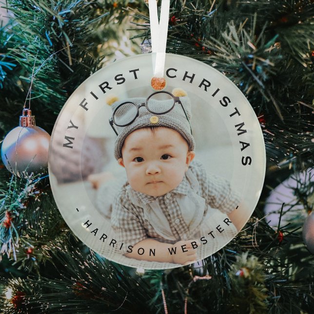 Personalized Modern My First Christmas Photo Glass Glass Ornament (Creator Uploaded)