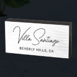 Personalized Modern Name of Home Residence Wooden Box Sign<br><div class="desc">Chic custom wooden tabletop sign features the name of your home residence in modern and chic black handwritten script lettering with simple all-caps location information. Personalize with the name of your home - Villa   Last Name or other preferred title - and the city and state location.</div>