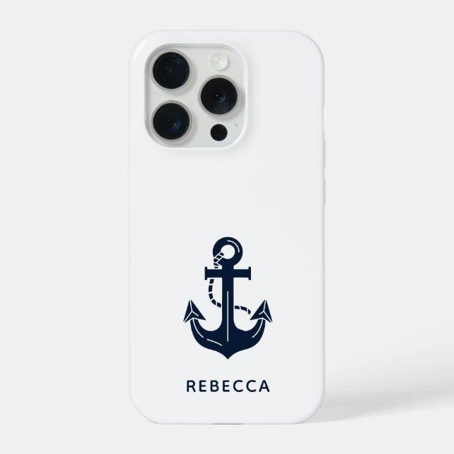 Personalized Modern Nautical Navy Blue Anchor iPhone Case (Back)