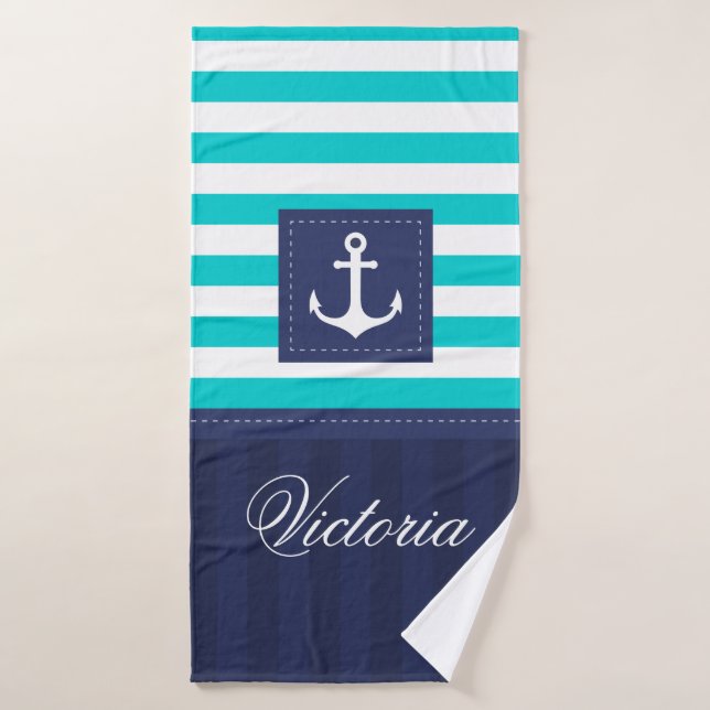 Personalized Modern Navy Blue Nautical Anchor Bath Towel (Bath Towel)