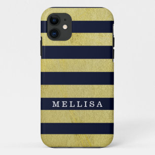 Personalized Modern Navy Gold Stripe iPhone 11 Case