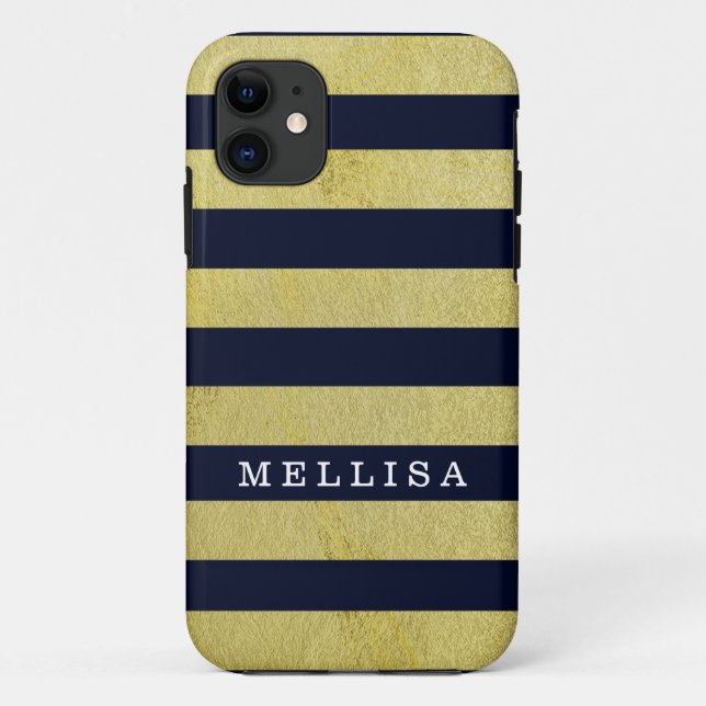 Personalized Modern Navy Gold Stripe Case-Mate iPhone Case (Back)