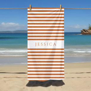 Personalized Modern Orange Striped Pattern Beach Towel