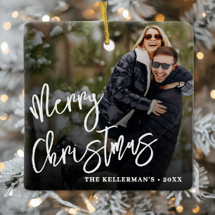 Personalized Modern Overlay Photo Merry Christmas Ceramic Ornament