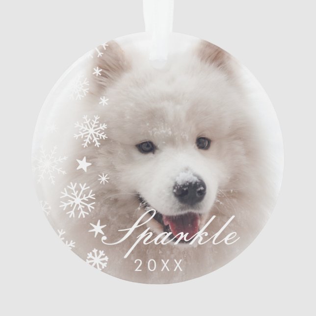 Personalized Modern Pet Photo with Snowflakes  Ornament (Back)
