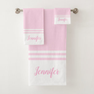 Personalized Modern Pink and White Simple striped Bath Towel Set