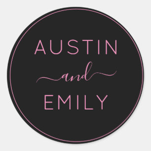 Personalized Modern Pink Black Wedding  Classic Round Sticker