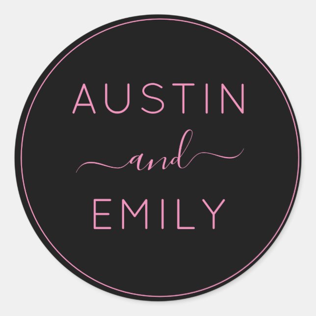 Personalized Modern Pink Black Wedding  Classic Round Sticker (Front)