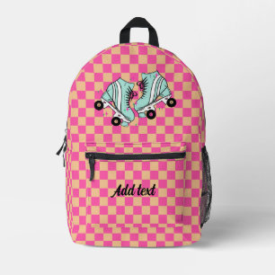 Personalized Modern Pink Chequered Roller Skate Printed Backpack