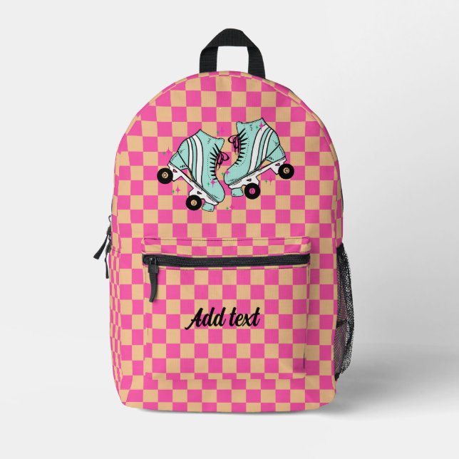 Personalized Modern Pink Chequered Roller Skate Printed Backpack (Front)