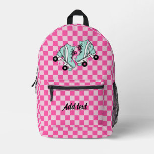 Personalized Modern Pink Chequered Roller Skate Printed Backpack