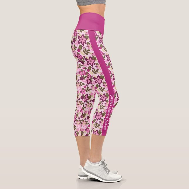 Personalized Modern Pink Magenta Floral Capri Leggings (Right)