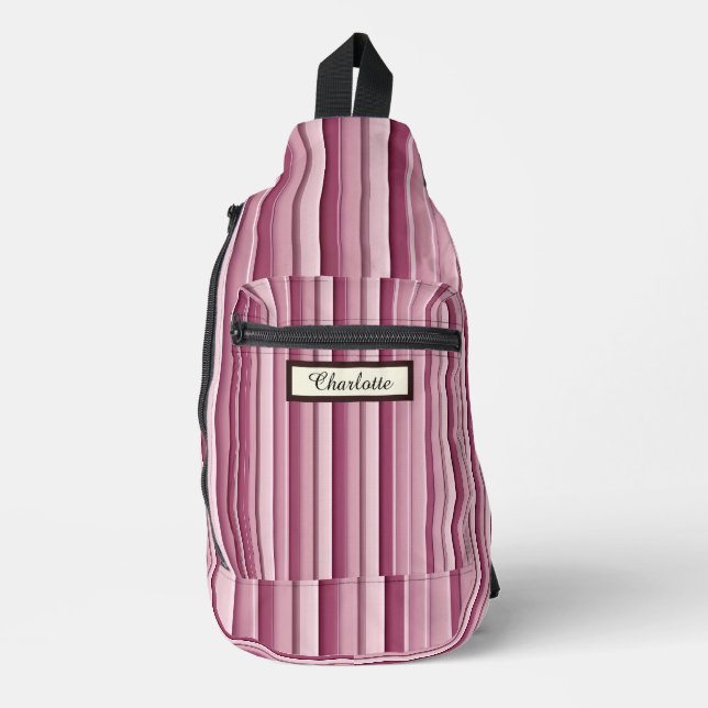 Personalized Modern Pink Mauve Striped Sling Bag (Front)