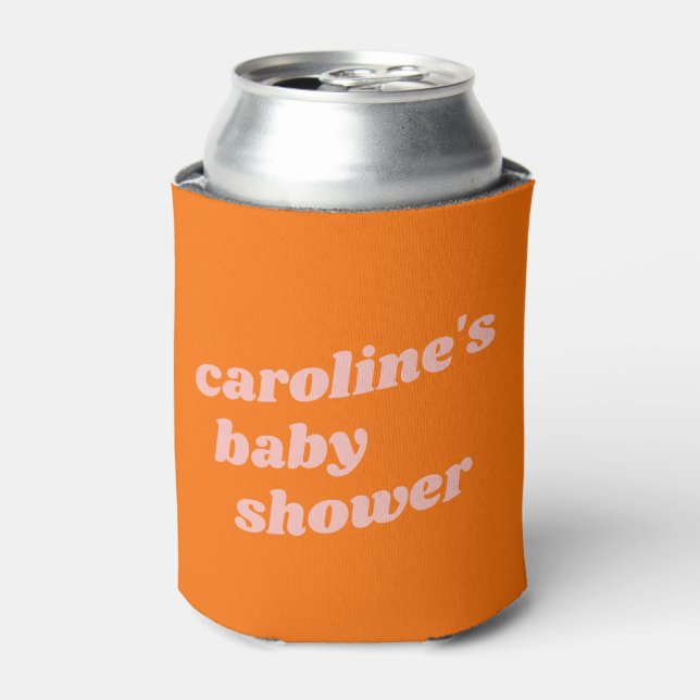 Personalized Modern Pink Orange Retro Baby Shower  Can Cooler (Can Front)