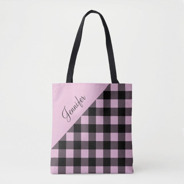 Personalized Modern Pink Plaid Tote Bag (Front)