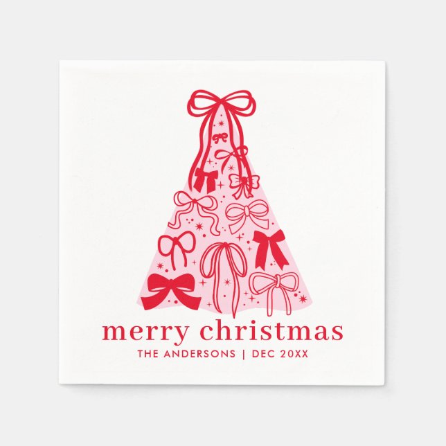Personalized Modern Pink Red Bows Christmas  Napkin (Front)