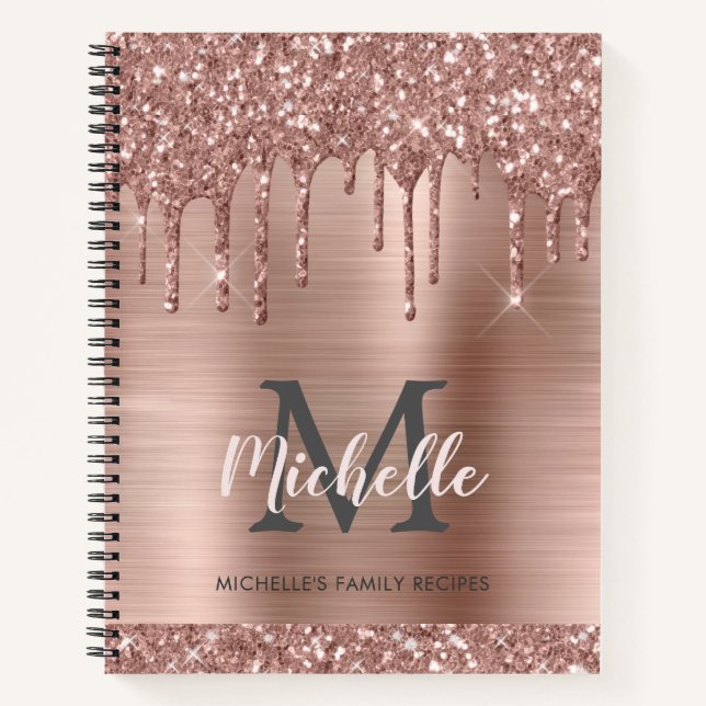 Personalized Modern Pink Rose Gold Glitter Drips  Notebook (Front)
