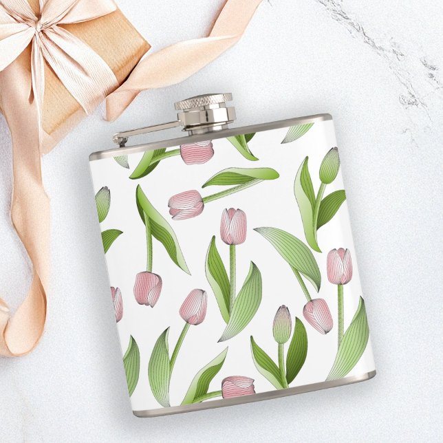 Personalized Modern Pink Tulip Hip Flask (Creator Uploaded)