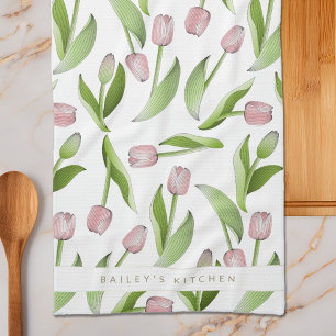 Personalized Modern Pink Tulip Kitchen Towel