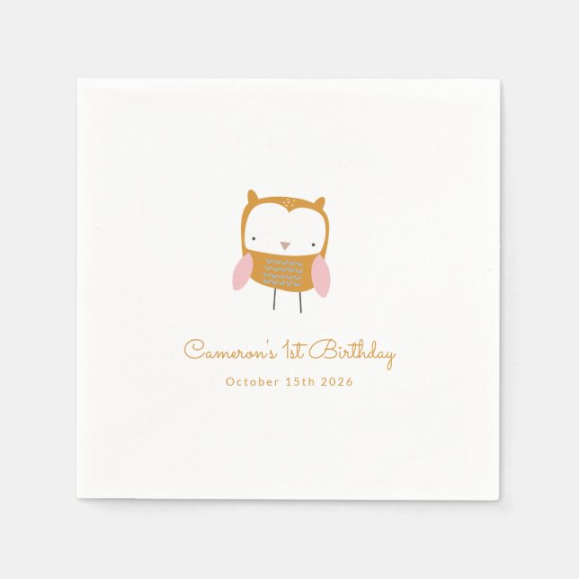 Personalized Modern Pink Yellow Owl 1st Birthday Napkin (Front)