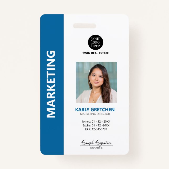 Personalized Modern Professional Employee ID Blue  Badge (Front)