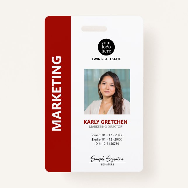 Personalized Modern Professional Employee ID Red Badge (Front)