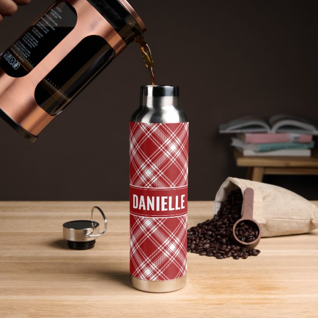 Personalized Modern Red Striped Water Bottle (Coffee)