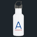 Personalized Modern Red White Blue Name Initial 532 Ml Water Bottle<br><div class="desc">Red, White, and Blue Personalized Name and Initial Letter Stainless Steel Water Bottle with a Custom Monogram in a trendy modern and minimal classic sans serif font for a simple but sophisticated and masculine look. Shown in red and blue on a white metallic water bottle, the text colours and fonts...</div>