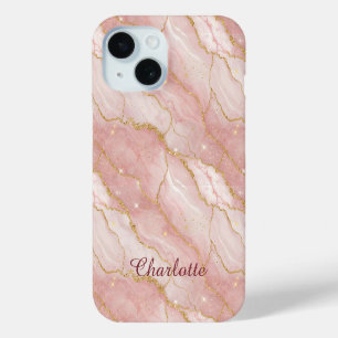 Personalized Modern Rose Quartz Marble Gold iPhone 15 Case