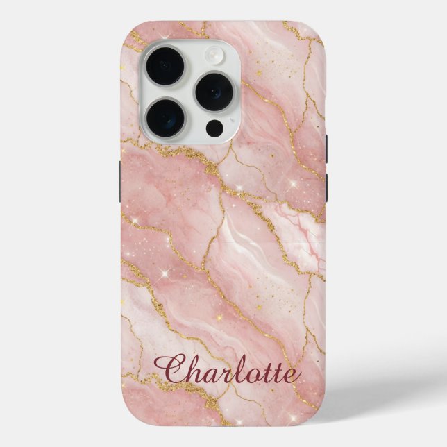 Personalized Modern Rose Quartz Marble Gold Case-Mate iPhone Case (Back)