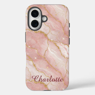 Personalized Modern Rose Quartz Marble Gold iPhone 16 Case