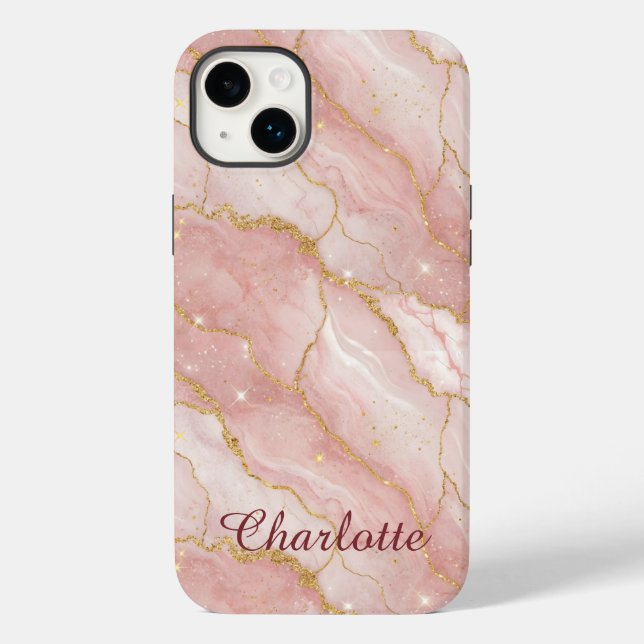 Personalized Modern Rose Quartz Marble Gold Case-Mate iPhone Case (Back)