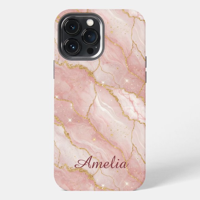 Personalized Modern Rose Quartz Marble Gold iPhone Case (Back)