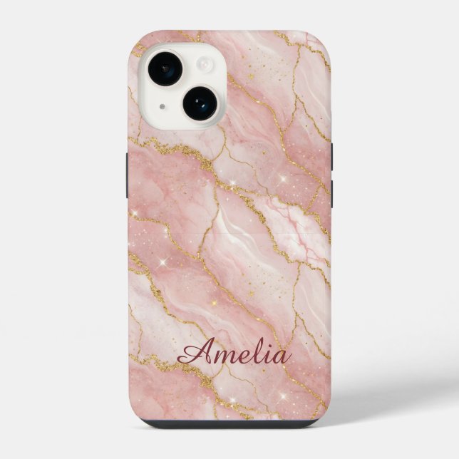 Personalized Modern Rose Quartz Marble Gold iPhone Case (Back)