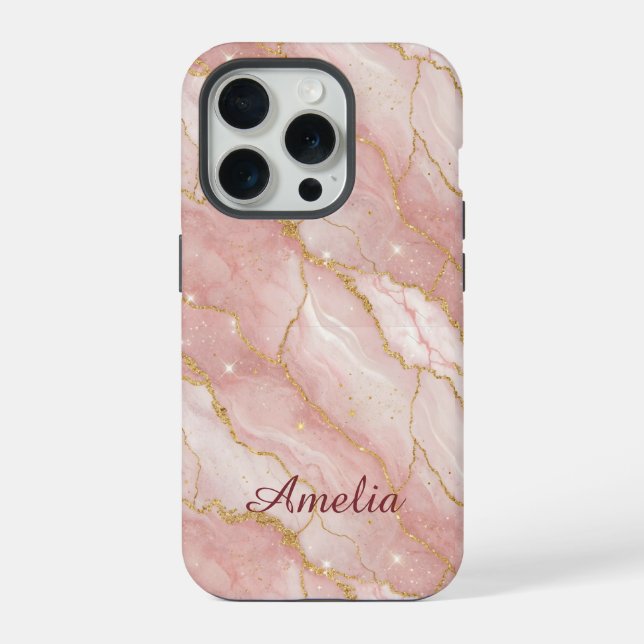 Personalized Modern Rose Quartz Marble Gold iPhone Case (Back)