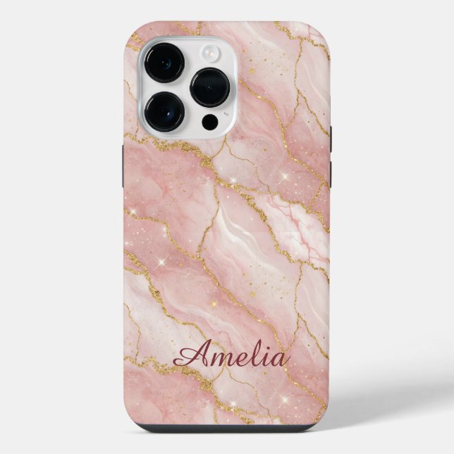 Personalized Modern Rose Quartz Marble Gold iPhone Case (Back)
