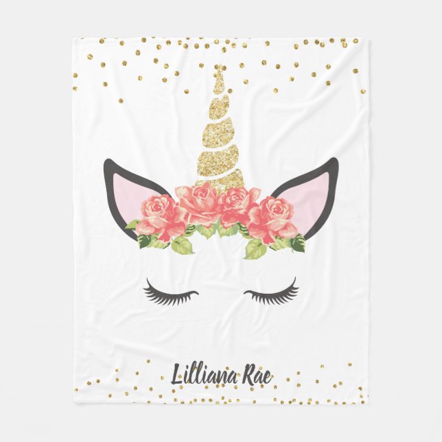 Personalized Modern Rose Unicorn Fleece Blanket (Front)