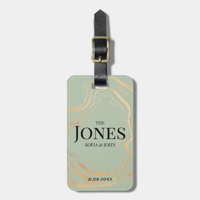 Personalized Modern Sage Green Gold Newlywed Luggage Tag (Front Vertical)
