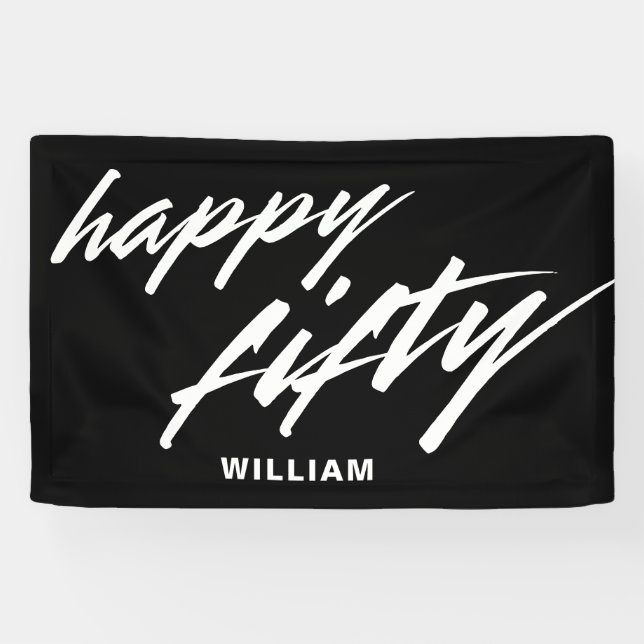 Personalized Modern Script Black 50th Birthday Banner (Horizontal)