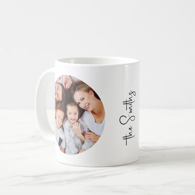 Personalized Modern Script Family Name Two Photos Coffee Mug (Front Left)
